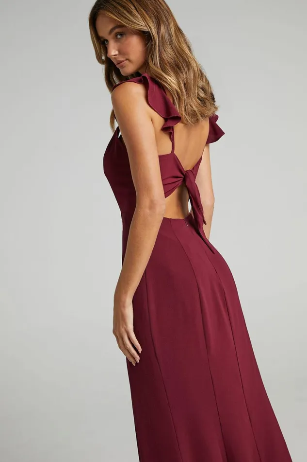 More Than This Midi Dress 8211 Ruffle Strap Thigh Split Dress In Wine Women Showpo Curve Clothes