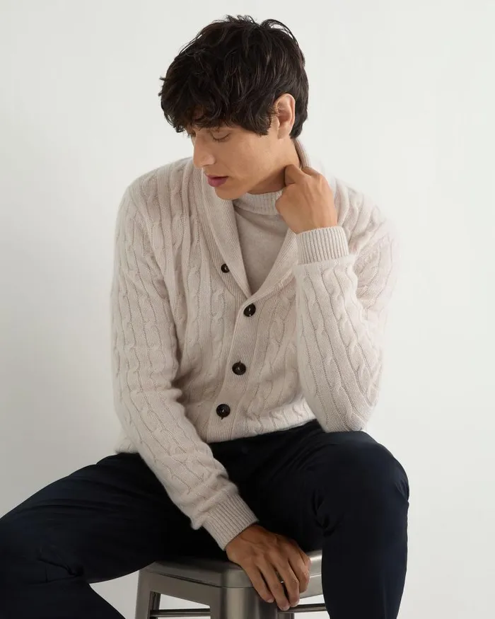 NPeal Cardigans Men Garrick Shawl Cable Cashmere Cardigan Frost White