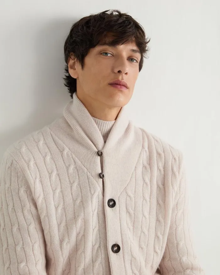 NPeal Cardigans Men Garrick Shawl Cable Cashmere Cardigan Frost White