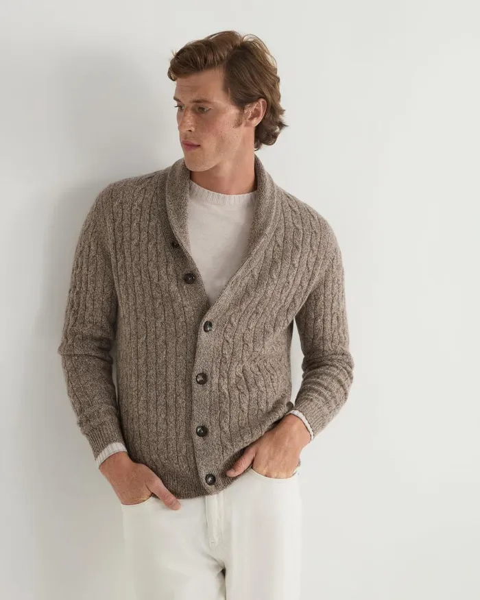 NPeal Cardigans Men Garrick Shawl Cable Cashmere Cardigan Heather Hazel Brown