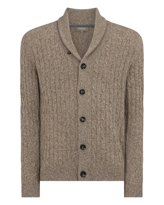NPeal Cardigans Men Garrick Shawl Cable Cashmere Cardigan Heather Hazel Brown