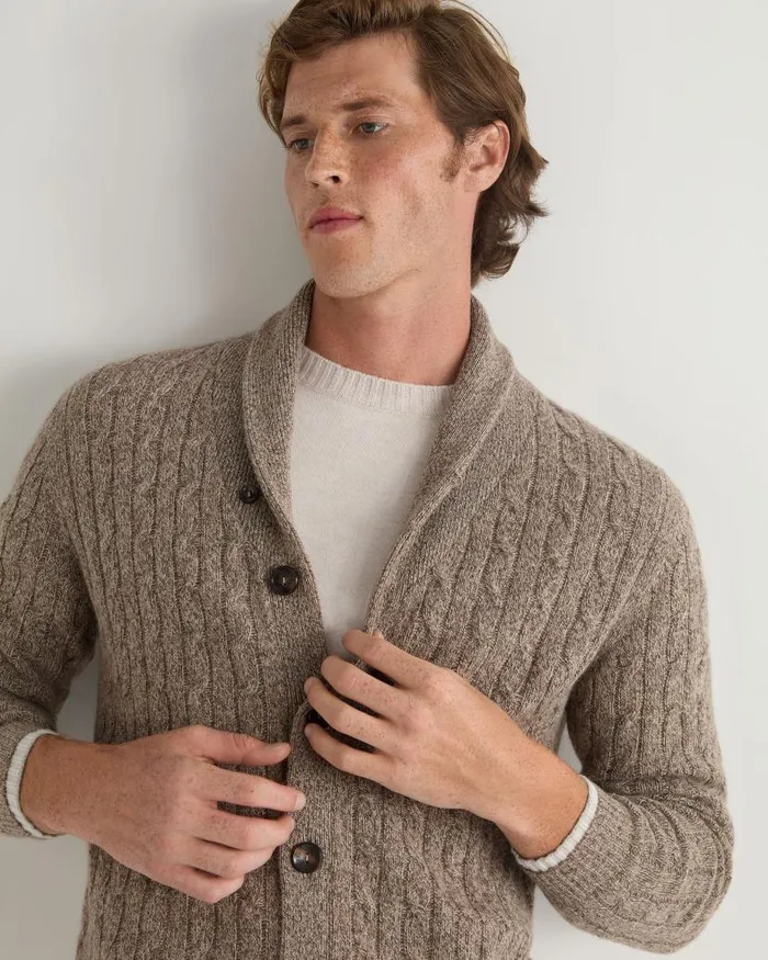 NPeal Cardigans Men Garrick Shawl Cable Cashmere Cardigan Heather Hazel Brown