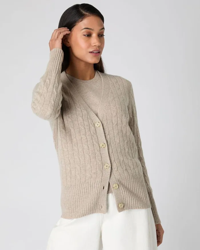 NPeal Cardigans Women Clara Cable V Neck Cashmere Cardigan Oatmeal Brown