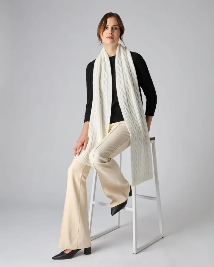 NPeal Cashmere Scarves Women Cable Rib Cashmere Scarf New Ivory White