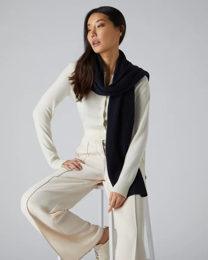 NPeal Cashmere Scarves WomenMen Unisex Short Ribbed Cashmere Scarf Navy Blue