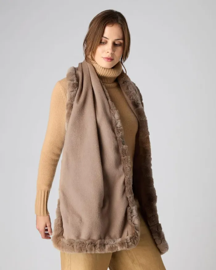 NPeal Cashmere Scarves Women Meribel Woven Fur Trim Scarf Dark Tan Brown