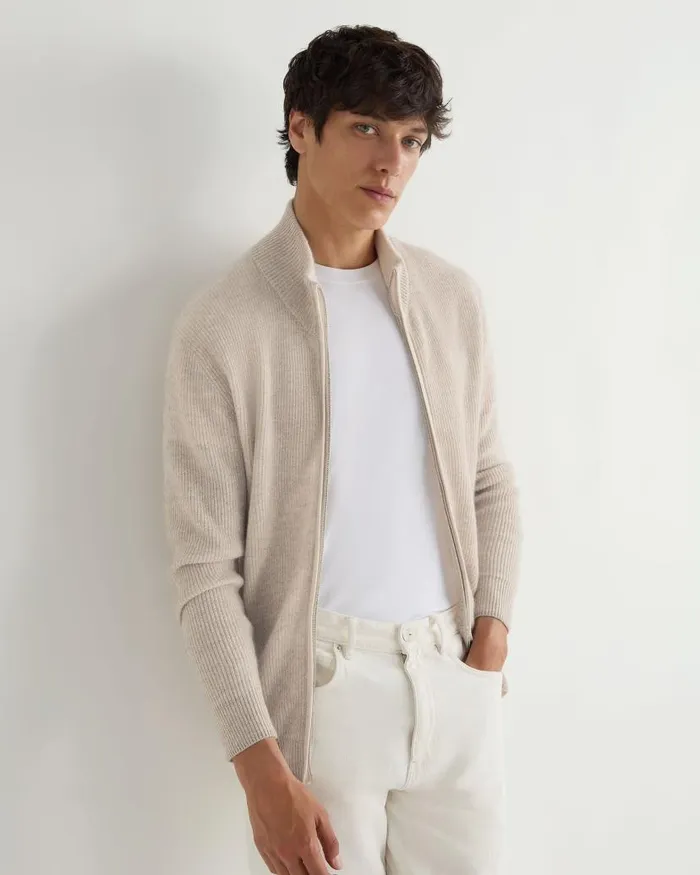 NPeal Half and Full Zip Knitwear Men Lambeth Two Tone Rib Full Zip Cashmere Cardigan Toasted Sesame Brown NPeal Half and Full Zip Knitwear Men Lambeth Two Tone Rib Full Zip Cashmere Cardigan Toasted Sesame Brown