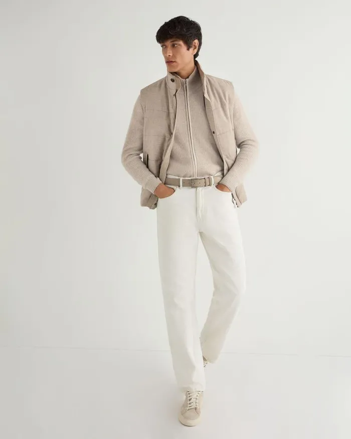 NPeal Half and Full Zip Knitwear Men Lambeth Two Tone Rib Full Zip Cashmere Cardigan Toasted Sesame Brown