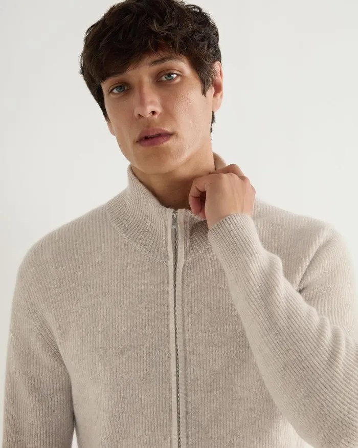 NPeal Half and Full Zip Knitwear Men Lambeth Two Tone Rib Full Zip Cashmere Cardigan Toasted Sesame Brown