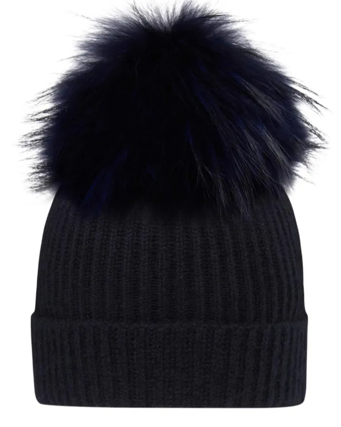 NPeal Hats WomenMen Unisex Ribbed Cashmere Hat With Detachable Pom Navy Blue