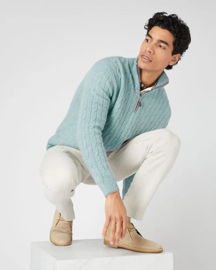 NPeal Jumpers Men Albemarle Cable Half Zip Cashmere Jumper Oasis Green