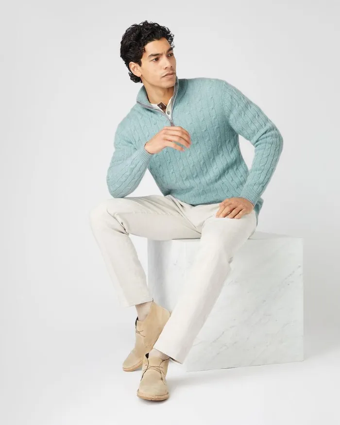 NPeal Jumpers Men Albemarle Cable Half Zip Cashmere Jumper Oasis Green