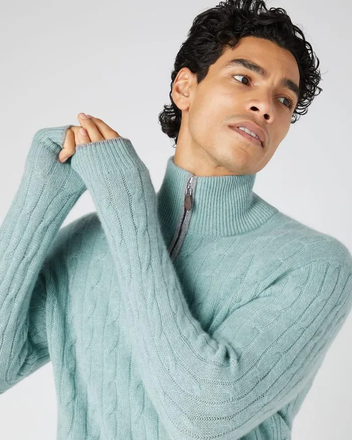 NPeal Jumpers Men Albemarle Cable Half Zip Cashmere Jumper Oasis Green