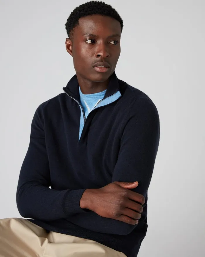 NPeal Jumpers Men Baby Cashmere Half Zip Jumper Navy Blue