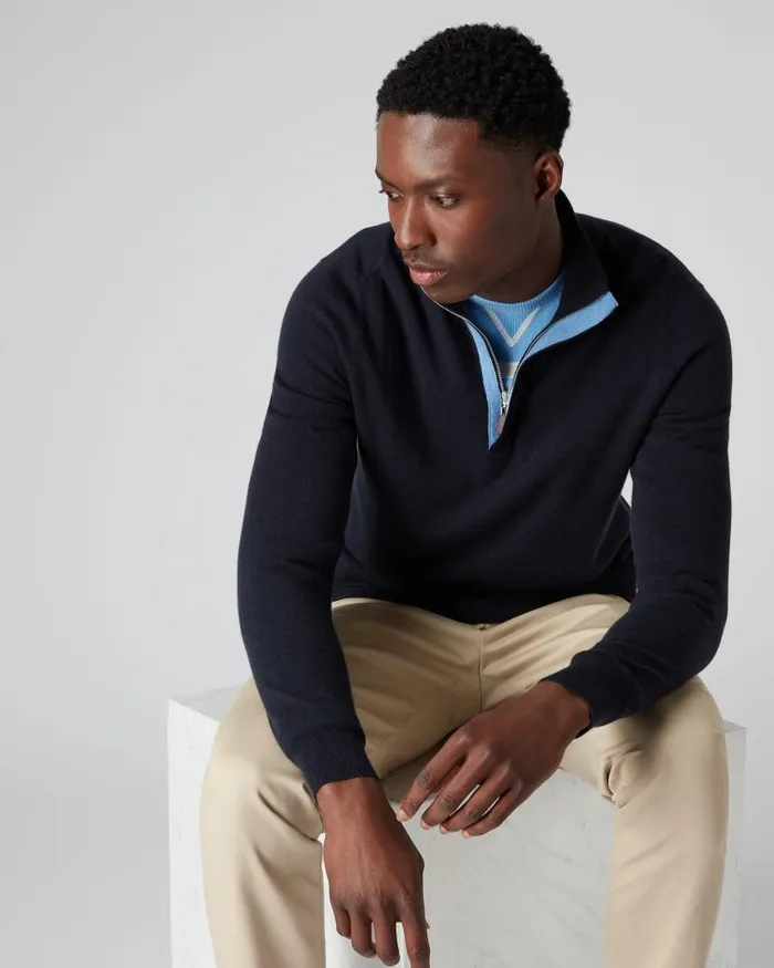 NPeal Jumpers Men Baby Cashmere Half Zip Jumper Navy Blue
