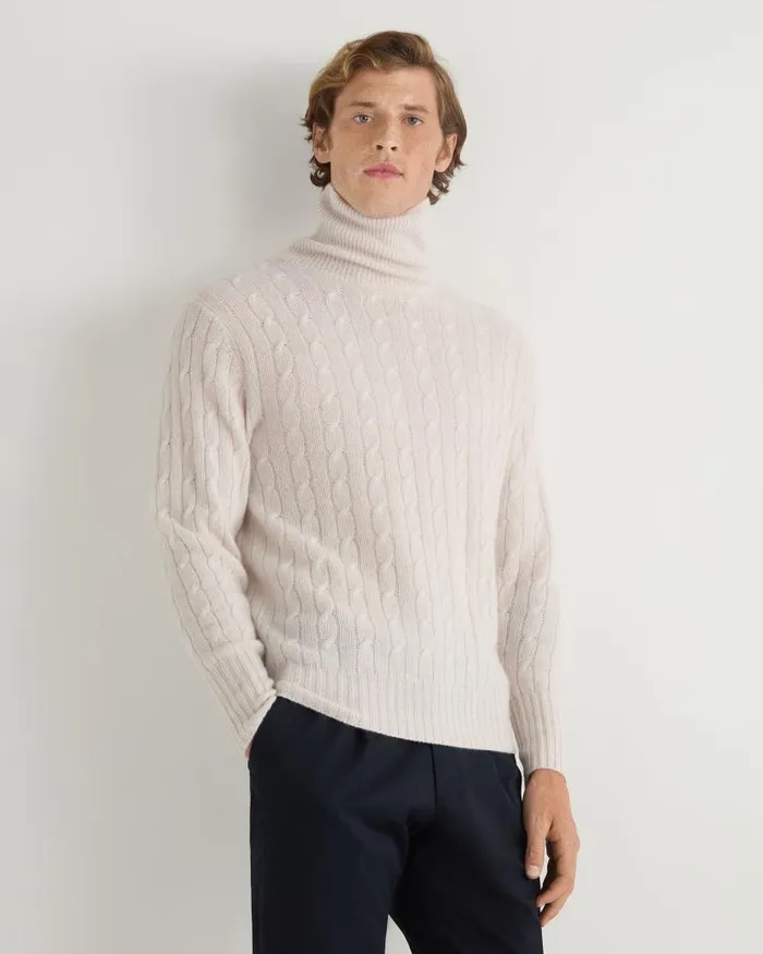 NPeal Jumpers Men Berwick Cable Roll Neck Cashmere Jumper Frost White