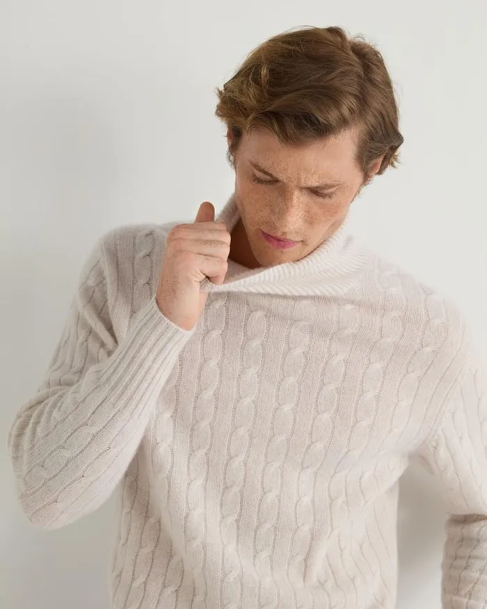 NPeal Jumpers Men Berwick Cable Roll Neck Cashmere Jumper Frost White