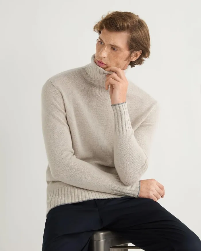 NPeal Jumpers Men Brompton Roll Neck Cashmere Jumper Pebble Grey