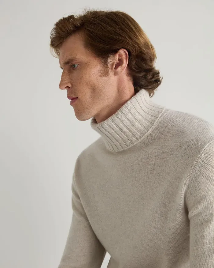 NPeal Jumpers Men Brompton Roll Neck Cashmere Jumper Pebble Grey