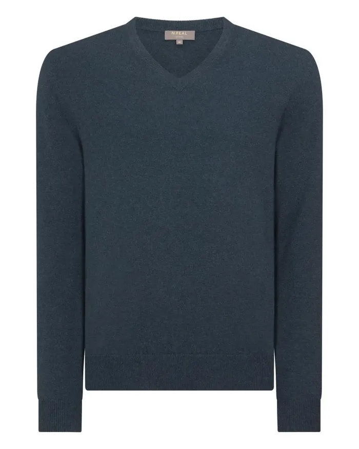 NPeal Jumpers Men Burlington V Neck Cashmere Jumper Caviar Blue