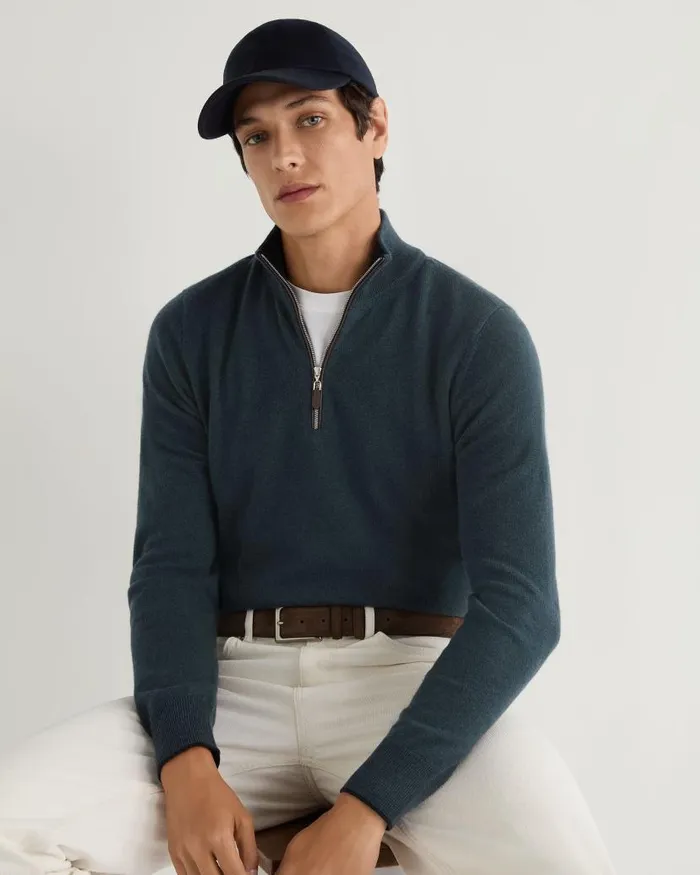 NPeal Jumpers Men Carnaby Half Zip Cashmere Jumper Caviar Blue