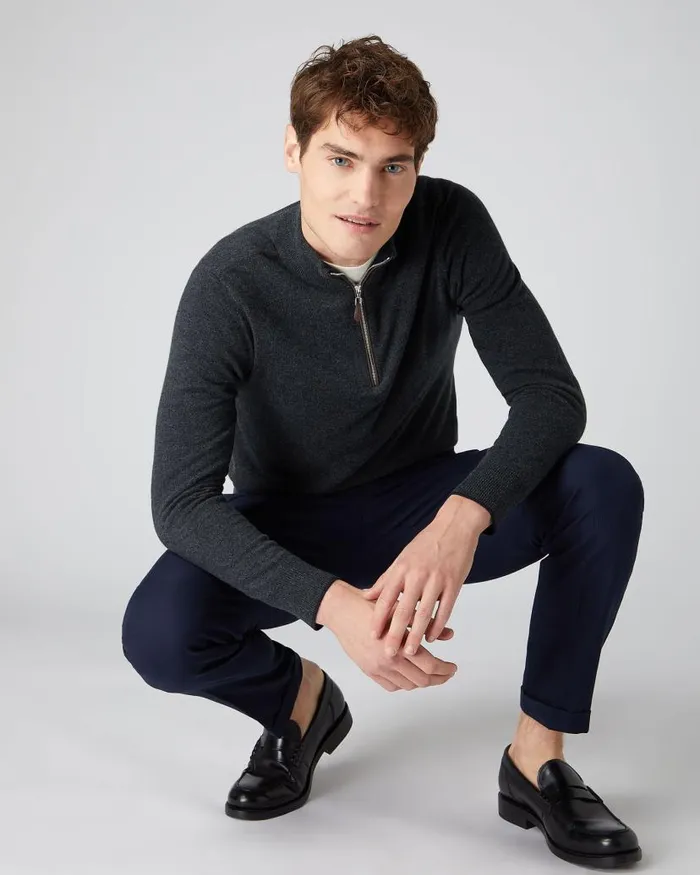 NPeal Jumpers Men Carnaby Half Zip Cashmere Jumper Dark Charcoal Grey