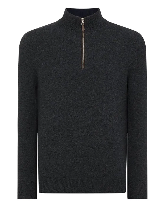 NPeal Jumpers Men Carnaby Half Zip Cashmere Jumper Dark Charcoal Grey