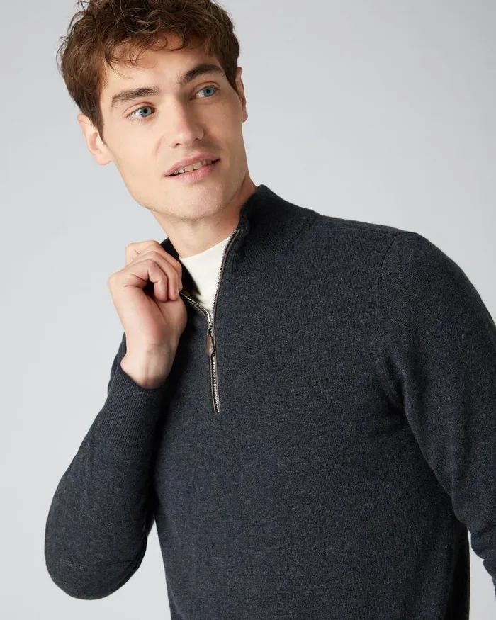 NPeal Jumpers Men Carnaby Half Zip Cashmere Jumper Dark Charcoal Grey