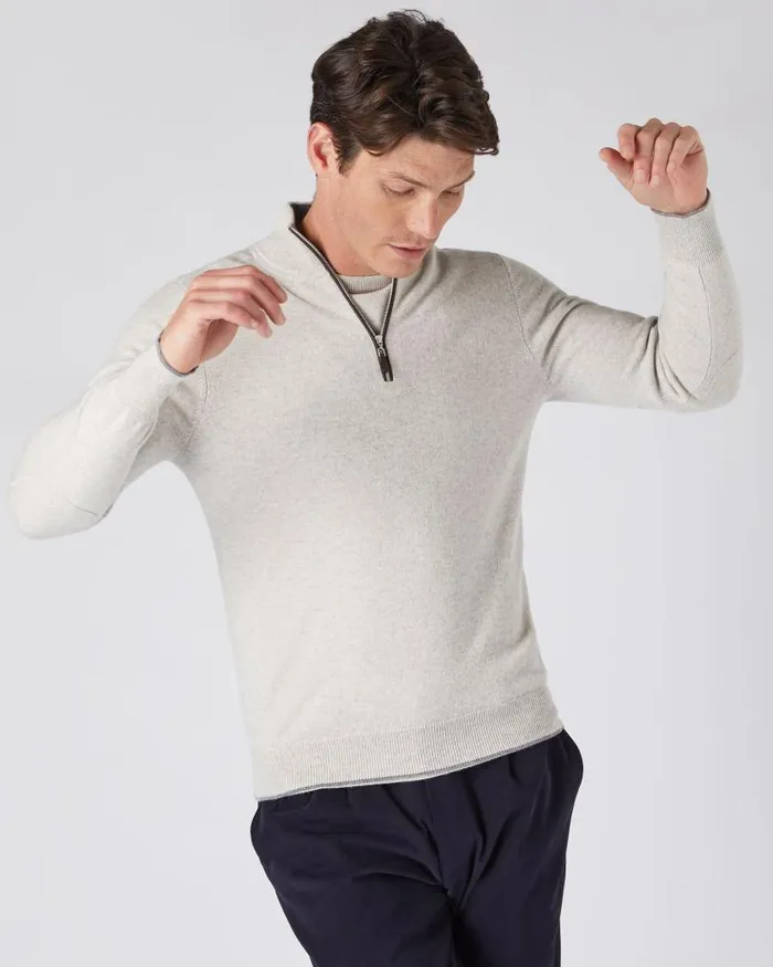 NPeal Jumpers Men Carnaby Half Zip Cashmere Jumper Pebble Grey