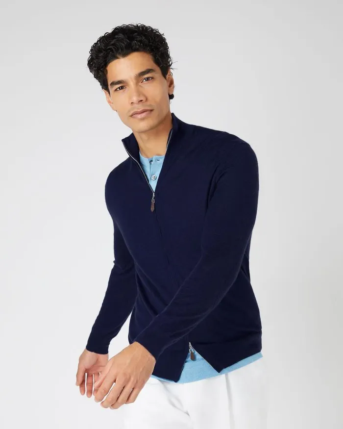 NPeal Jumpers Men Hyde Fine Gauge Cashmere Full Zip Jumper Prussian Blue