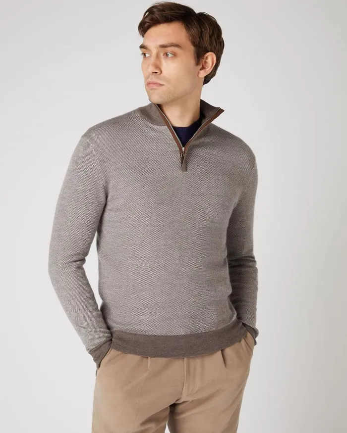 NPeal Jumpers Men Regent Birdseye Fine Gauge Cashmere Half Zip Jumper Taupe Brown