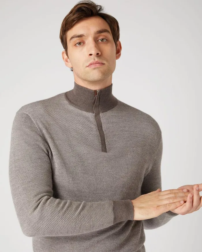 NPeal Jumpers Men Regent Birdseye Fine Gauge Cashmere Half Zip Jumper Taupe Brown