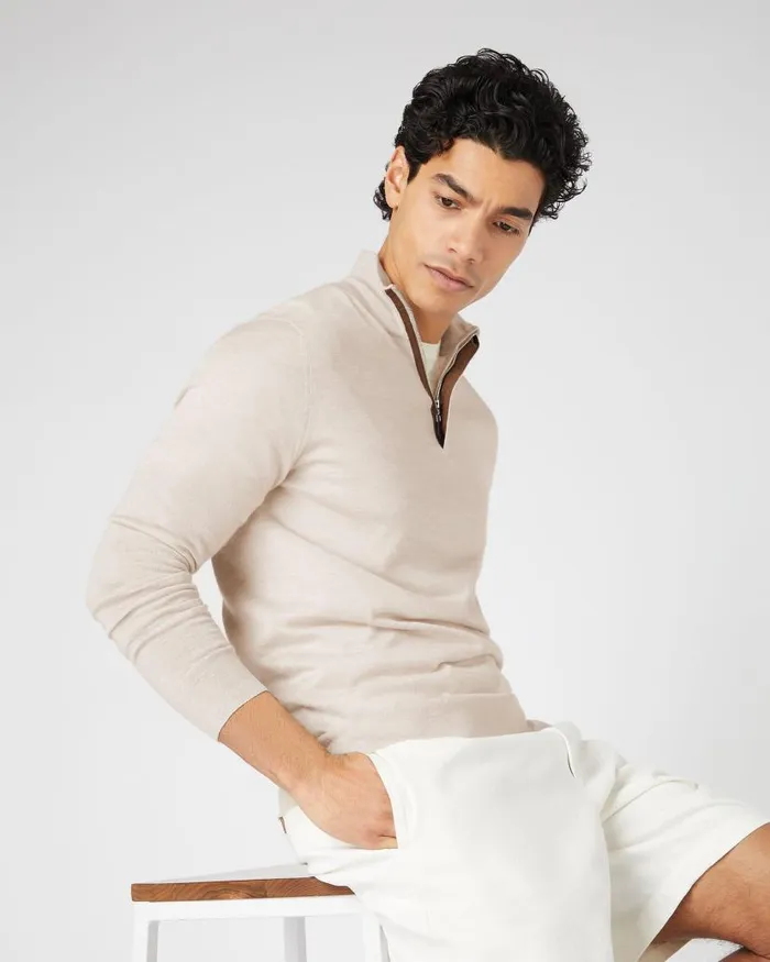 NPeal Jumpers Men Regent Fine Gauge Cashmere Half Zip Jumper Sandstone Brown