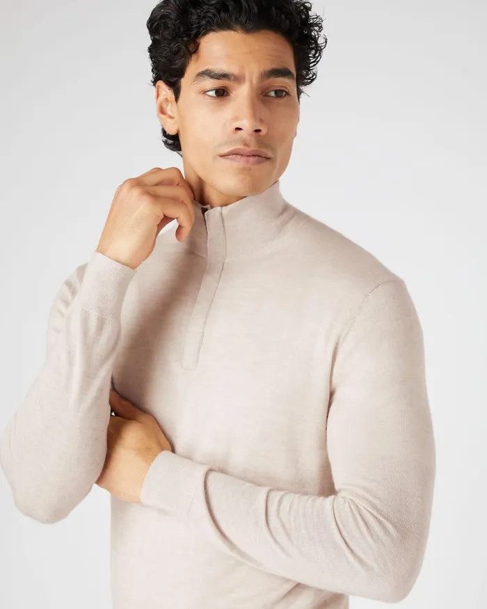 NPeal Jumpers Men Regent Fine Gauge Cashmere Half Zip Jumper Sandstone Brown