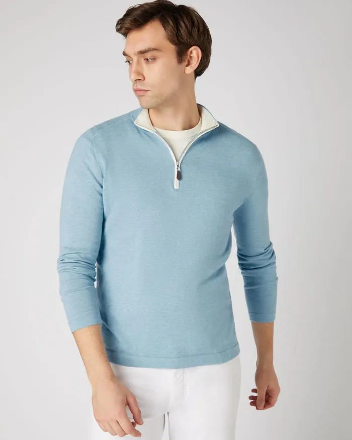 NPeal Jumpers Men Salcombe Half Zip Cotton Cashmere Jumper Cornflower Blue
