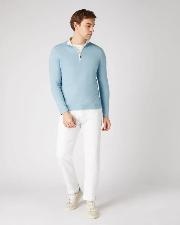 NPeal Jumpers Men Salcombe Half Zip Cotton Cashmere Jumper Cornflower Blue