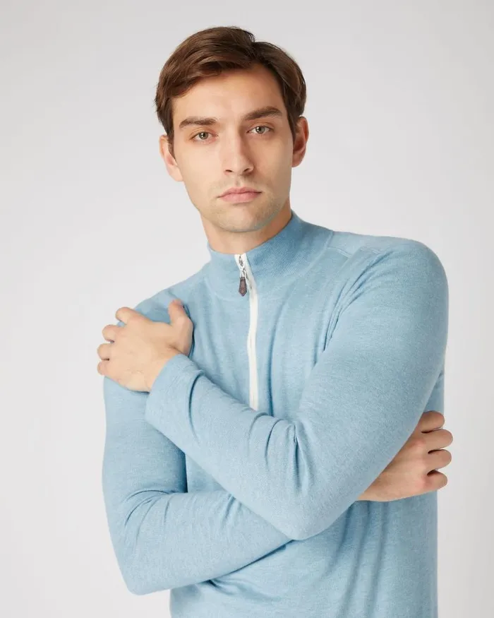 NPeal Jumpers Men Salcombe Half Zip Cotton Cashmere Jumper Cornflower Blue