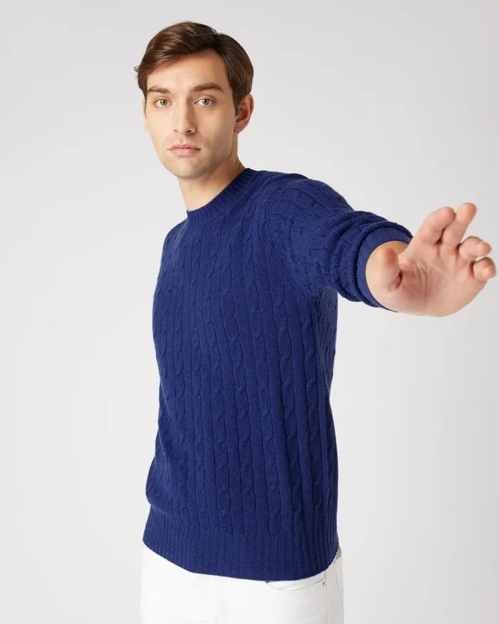 NPeal Jumpers Men Thames Cable Round Neck Cashmere Jumper Sapphire Blue