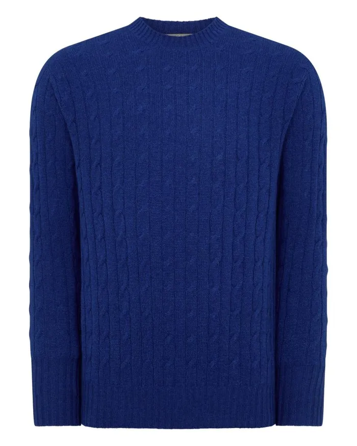 NPeal Jumpers Men Thames Cable Round Neck Cashmere Jumper Sapphire Blue