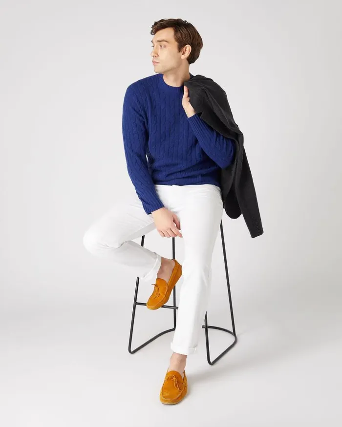 NPeal Jumpers Men Thames Cable Round Neck Cashmere Jumper Sapphire Blue