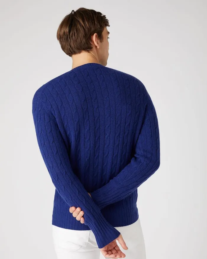 NPeal Jumpers Men Thames Cable Round Neck Cashmere Jumper Sapphire Blue