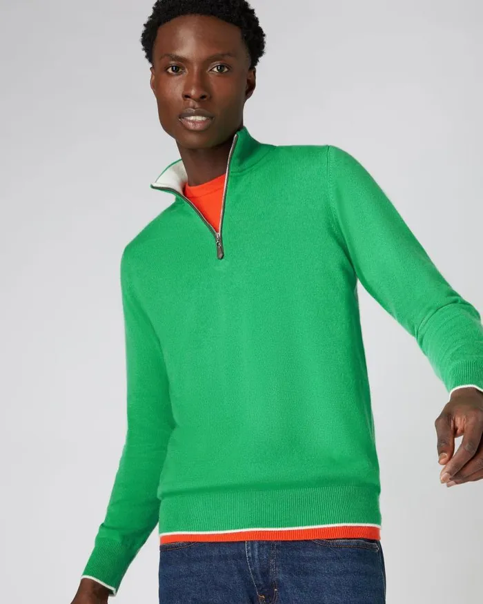 NPeal Jumpers Men The Carnaby Half Zip Cashmere Jumper Parrot Green