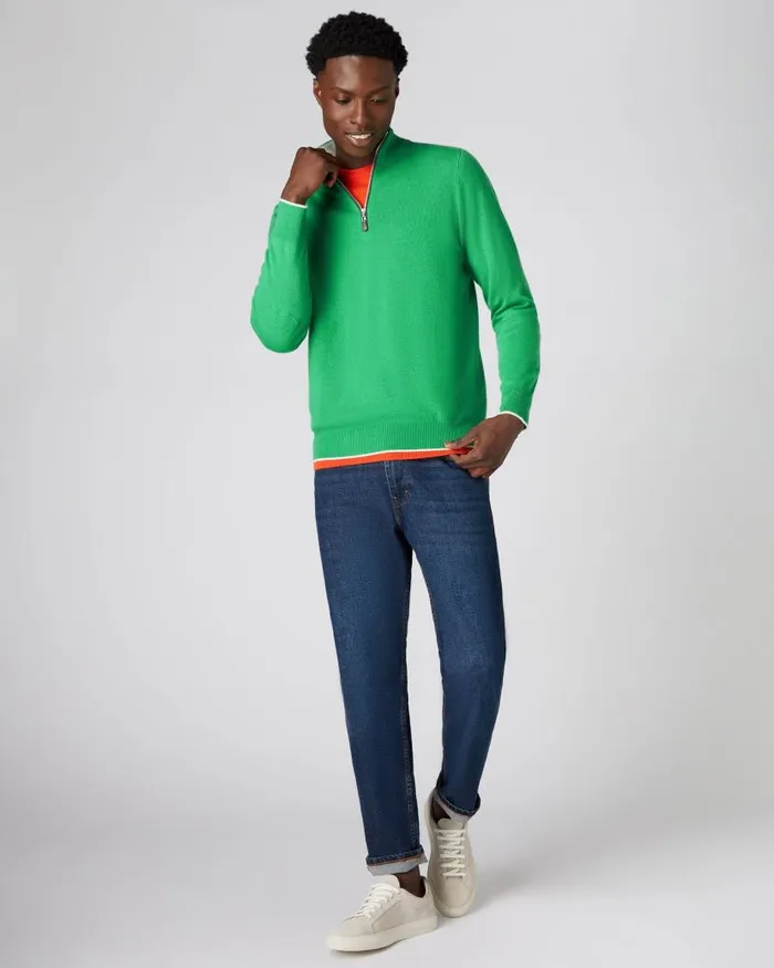 NPeal Jumpers Men The Carnaby Half Zip Cashmere Jumper Parrot Green