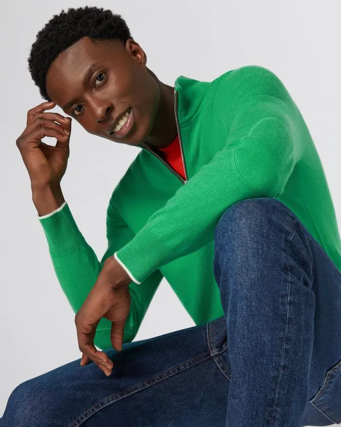 NPeal Jumpers Men The Carnaby Half Zip Cashmere Jumper Parrot Green
