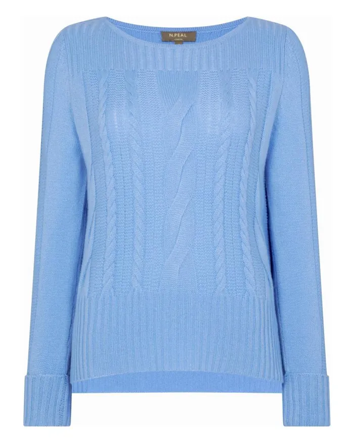 NPeal Jumpers Women Cable Boat Neck Cashmere Jumper Atlas Blue