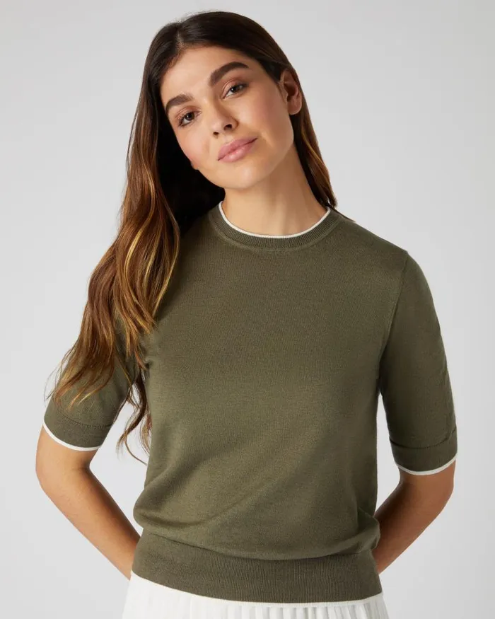 NPeal Tops and Tshirts Women Cotton Cashmere T Shirt Khaki Green