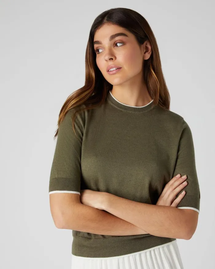 NPeal Tops and Tshirts Women Cotton Cashmere T Shirt Khaki Green