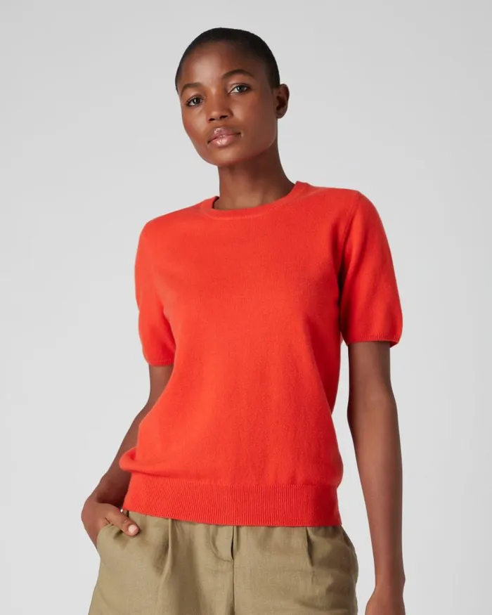 NPeal Tops and Tshirts Women Round Neck Cashmere T Shirt Vermillion Red