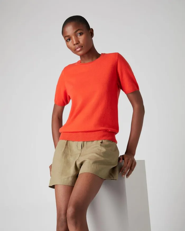 NPeal Tops and Tshirts Women Round Neck Cashmere T Shirt Vermillion Red