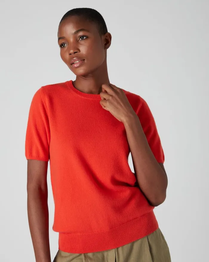 NPeal Tops and Tshirts Women Round Neck Cashmere T Shirt Vermillion Red
